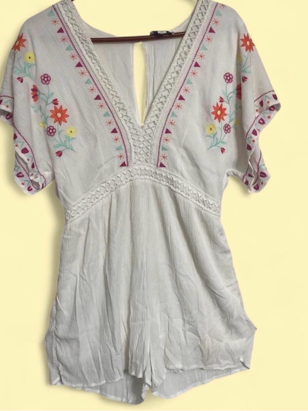 White Embroidered V-Neck Cotton Romper